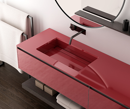 Top con lavabo integrato Solid Surface Laccato Lucido Rosso Rubino